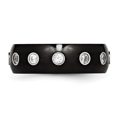 Chisel Stainless Steel Brushed and Polished Black IP-plated CZ Half Round 7mm Band
