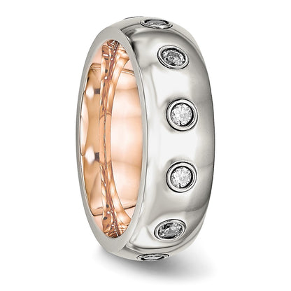 Chisel Stainless Steel Polished Rose IP-plated Inside with CZ Half Round 7mm Band
