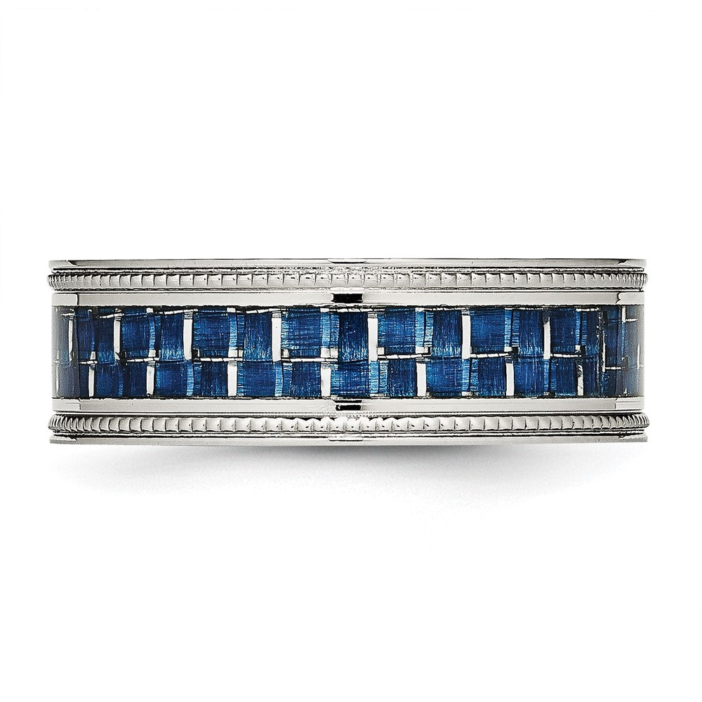 Chisel Stainless Steel Polished with Blue Carbon Fiber Inlay Textured Edge 8mm Band