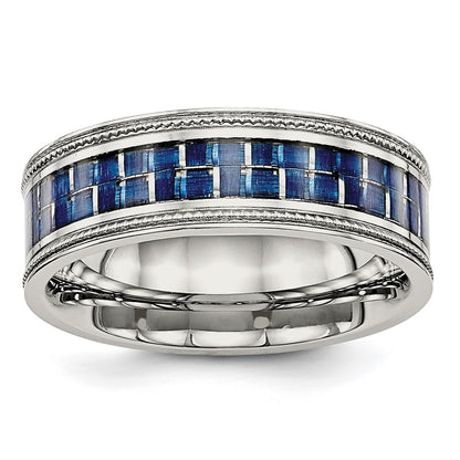 Chisel Stainless Steel Polished with Blue Carbon Fiber Inlay Textured Edge 8mm Band