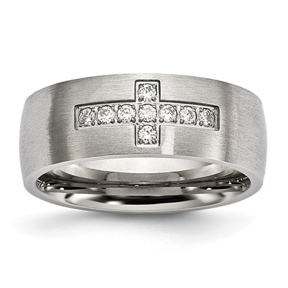 Chisel Stainless Steel Brushed with CZ Cross 7.75mm Band
