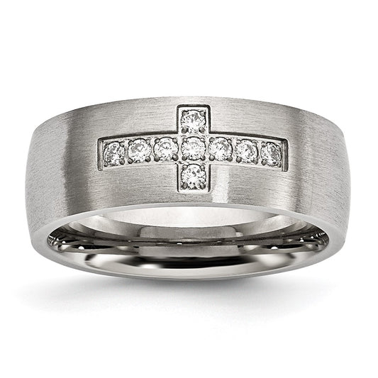 Chisel Stainless Steel Brushed with CZ Cross 7.75mm Band