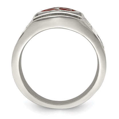 Chisel Stainless Steel Antiqued and Polished with Red Enamel Cross and Shield Ring