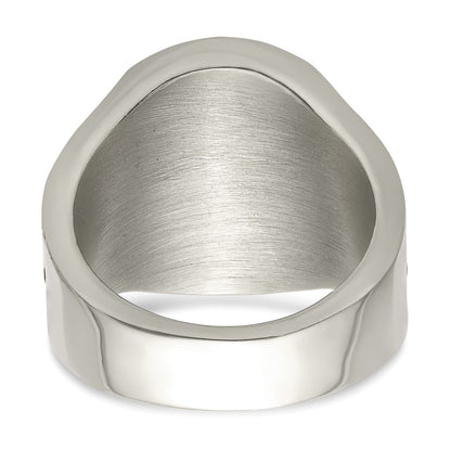 Chisel Stainless Steel Antiqued and Polished with Red Enamel Cross and Shield Ring