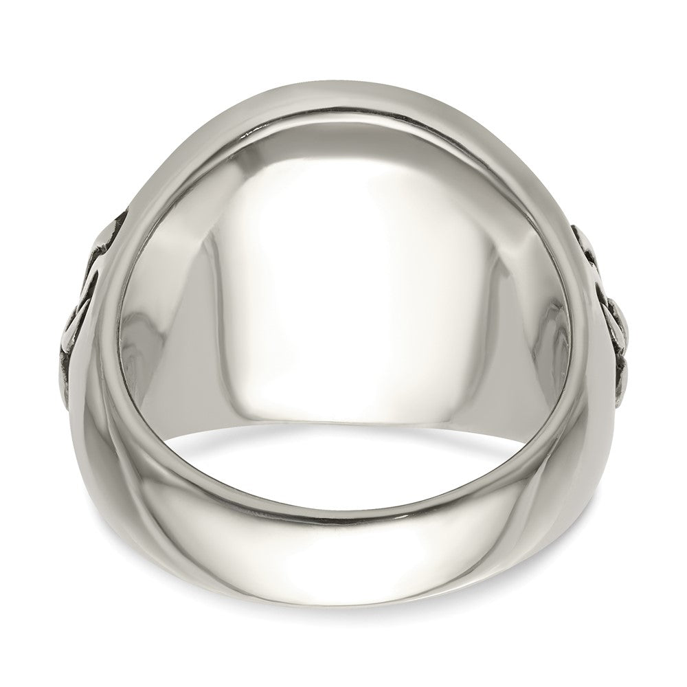 Chisel Stainless Steel Antiqued and Polished Fleur de Lis Cross Ring