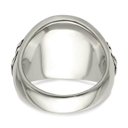 Chisel Stainless Steel Antiqued and Polished Fleur de Lis Cross Ring