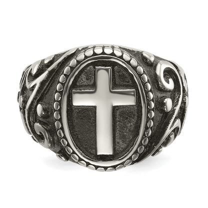 chisel Stainless Steel Antiqued and Polished Cross Ring
