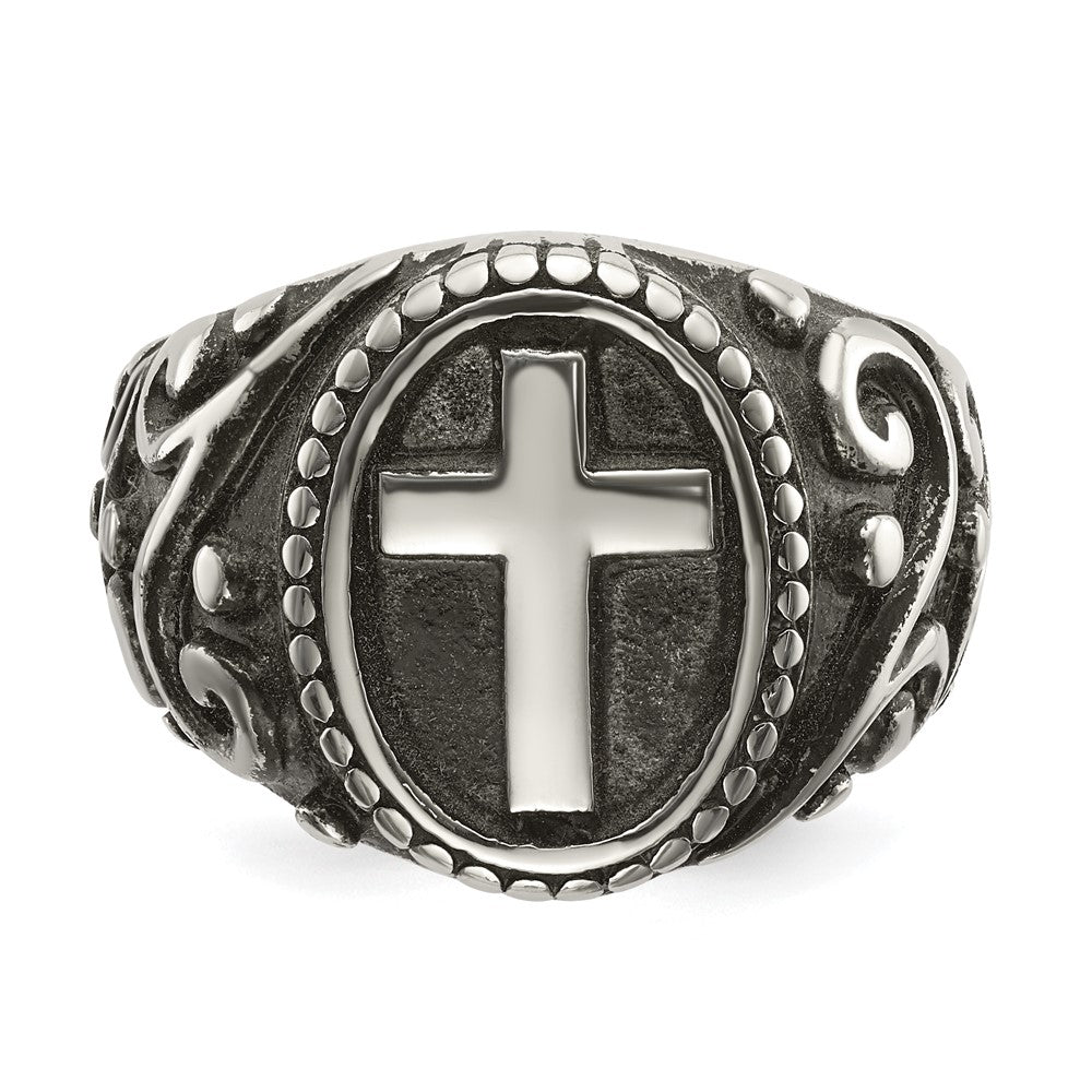 chisel Stainless Steel Antiqued and Polished Cross Ring
