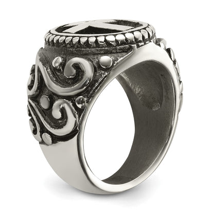 chisel Stainless Steel Antiqued and Polished Cross Ring