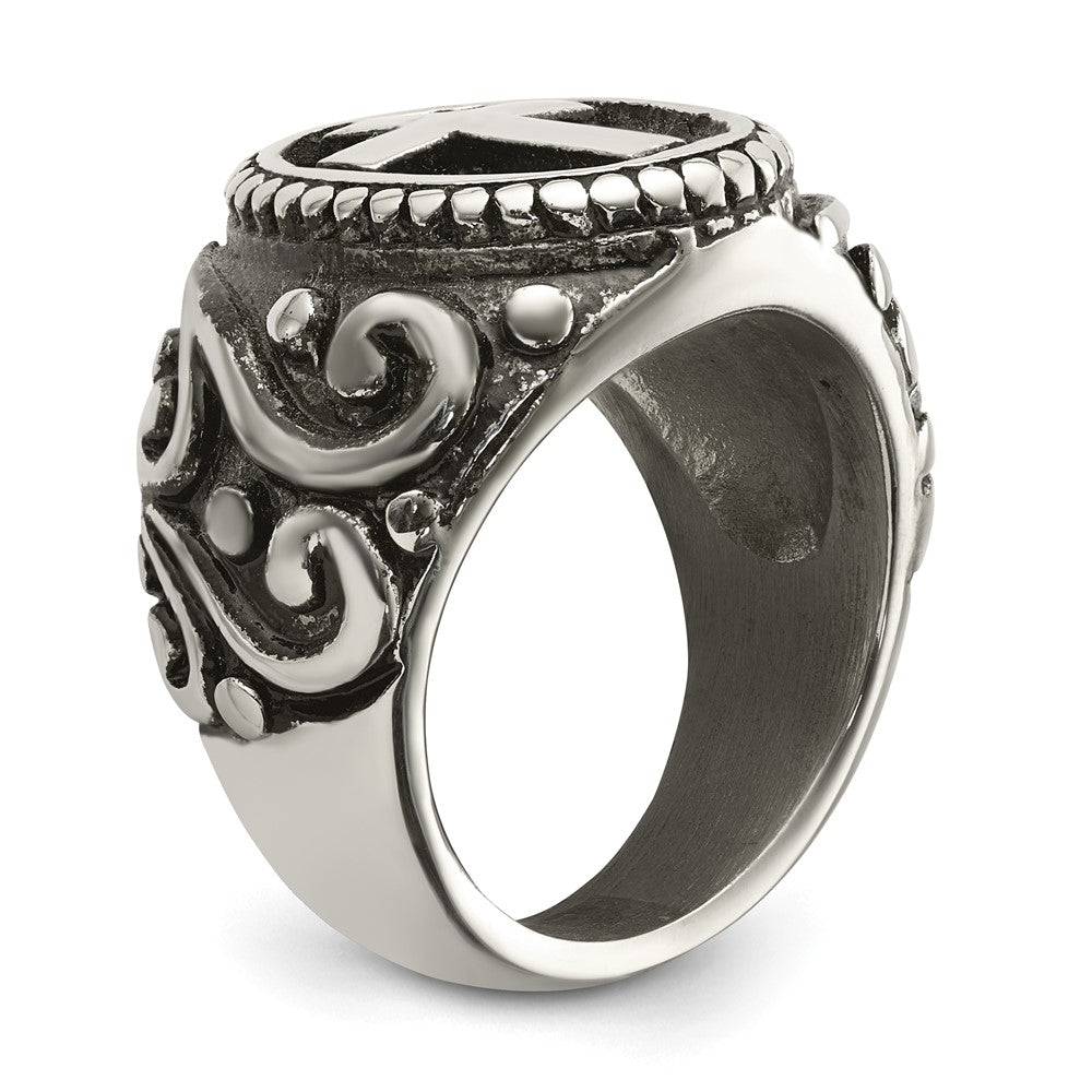 chisel Stainless Steel Antiqued and Polished Cross Ring