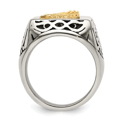 Chisel Stainless Steel with 14k Gold Accent Antiqued and Polished Eagle Ring