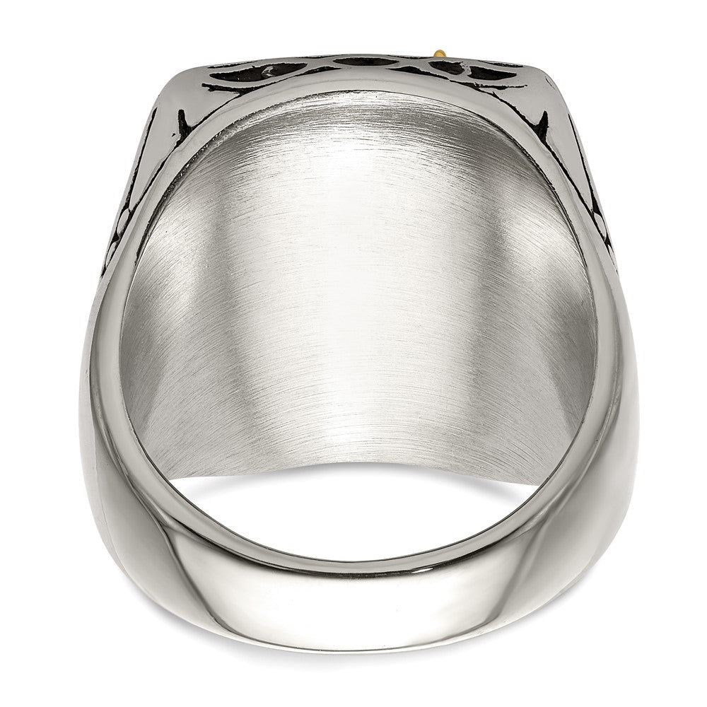 Chisel Stainless Steel with 14k Gold Accent Antiqued and Polished Eagle Ring