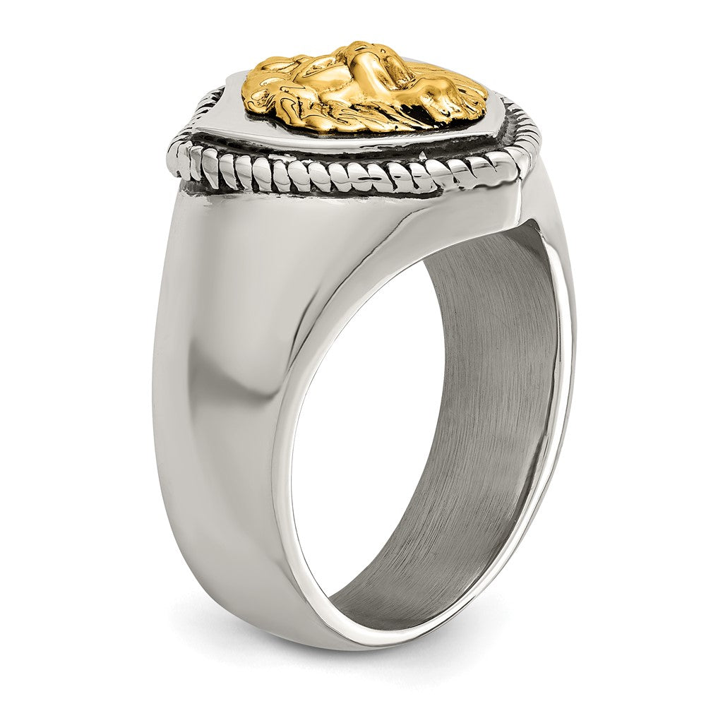 Chisel Stainless Steel with 14k Gold Accent Antiqued and Polished Lion on Shield Ring