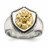 Chisel Stainless Steel with 14k Gold Accent Antiqued and Polished Lion on Shield Ring