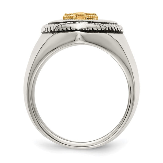 Chisel Stainless Steel with 14k Gold Accent Antiqued and Polished Cross on Shield Ring