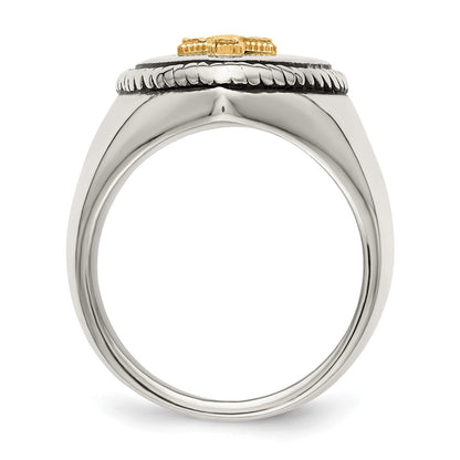 Chisel Stainless Steel with 14k Gold Accent Antiqued and Polished Cross on Shield Ring