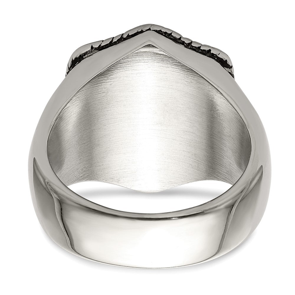 Chisel Stainless Steel with 14k Gold Accent Antiqued and Polished Cross on Shield Ring