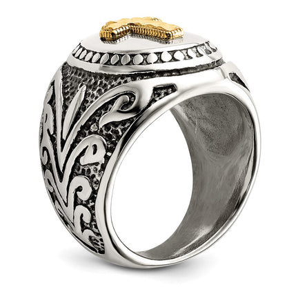 Chisel Stainless Steel with 14k Gold Accent Antiqued and Polished Cross Ring