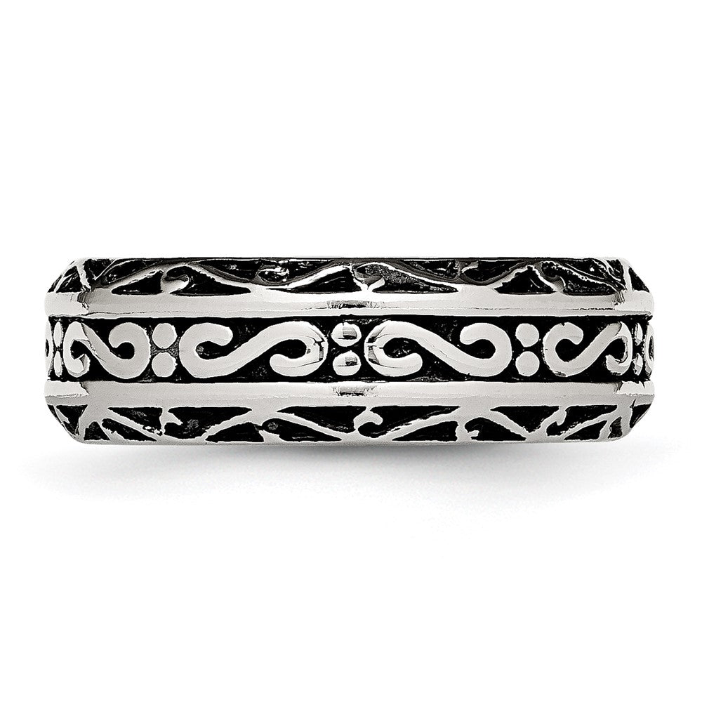 Chisel Stainless Steel Antiqued and Polished Swirl Design 7mm Band