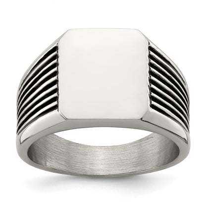 Chisel Stainless Steel Polished with Black Enamel Signet Ring