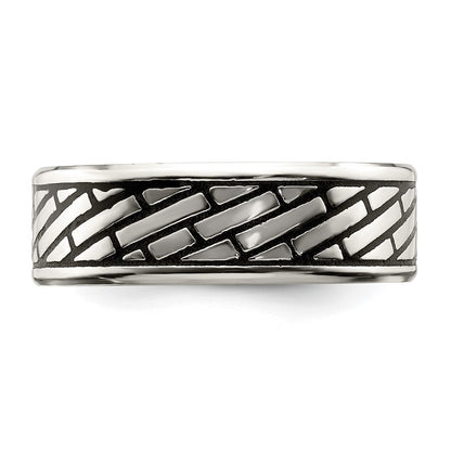 Chisel Stainless Steel Antiqued and Polished Brick Pattern 7.5mm Band