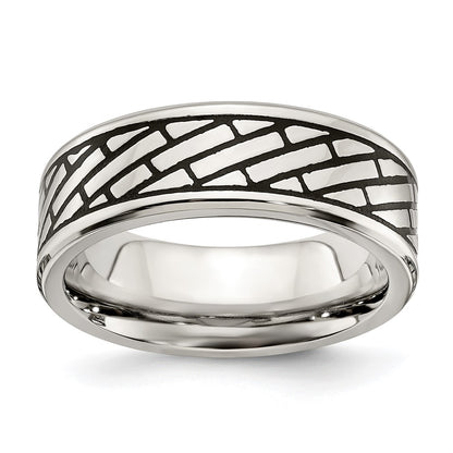 Chisel Stainless Steel Antiqued and Polished Brick Pattern 7.5mm Band
