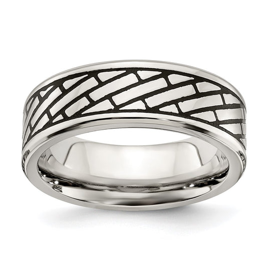Chisel Stainless Steel Antiqued and Polished Brick Pattern 7.5mm Band