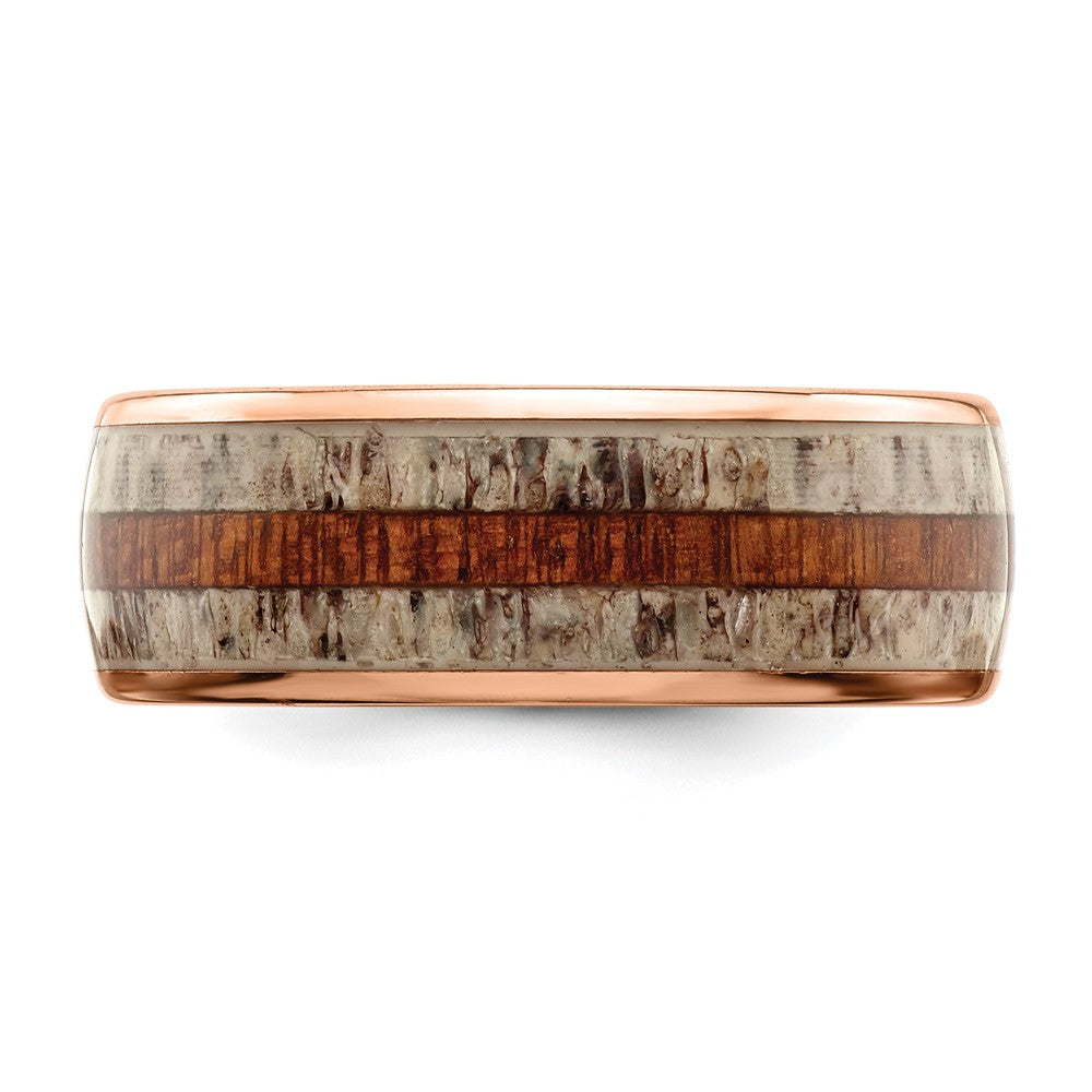 Chisel Stainless Steel Polished Rose IP-plated with Wood and Antler Inlay 8mm Band