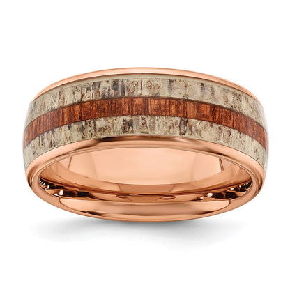 Chisel Stainless Steel Polished Rose IP-plated with Wood and Antler Inlay 8mm Band