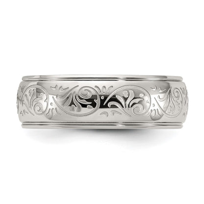 Chisel Stainless Steel Polished Etched Design Ridged Edge 7.5mm Band
