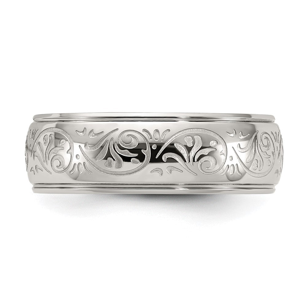 Chisel Stainless Steel Polished Etched Design Ridged Edge 7.5mm Band