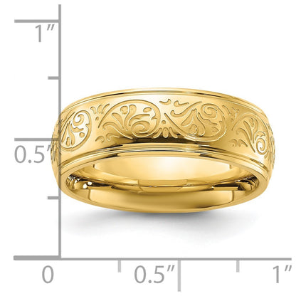 Chisel Stainless Steel Polished Yellow IP-plated Etched Design Ridged Edge 7.5mm Band
