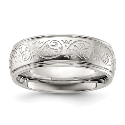 Chisel Stainless Steel Polished Etched Design Ridged Edge 7.5mm Band