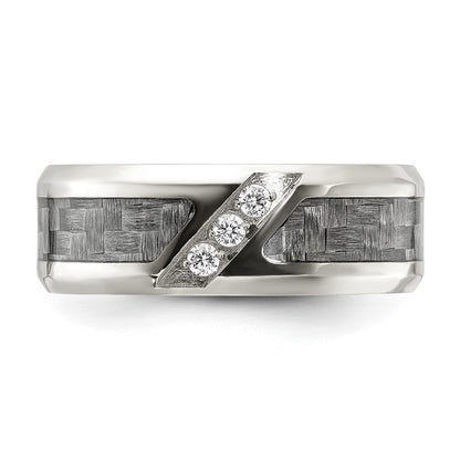 Chisel Stainless Steel Polsihed with Gray Carbon Fiber Inlay and CZ 8mm Band