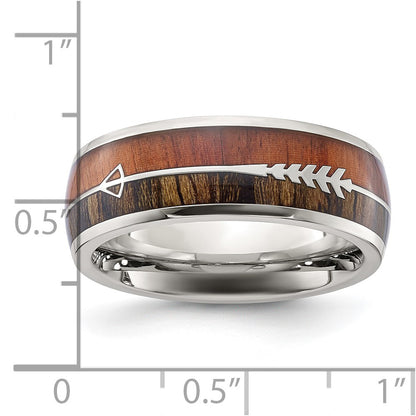 Chisel Stainless Steel Polished with Wood Inlay Arrow 8mm Band