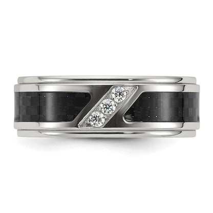 Chisel Stainless Steel Polished with Black Carbon Fiber Inlay and CZ 8mm Band