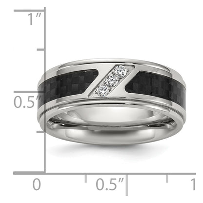 Chisel Stainless Steel Polished with Black Carbon Fiber Inlay and CZ 8mm Band