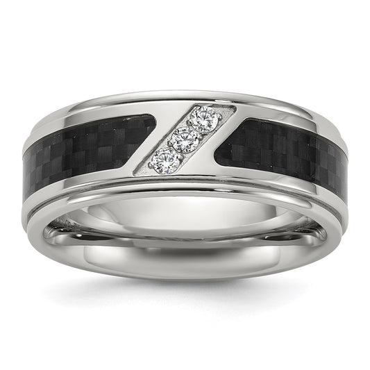 Chisel Stainless Steel Polished with Black Carbon Fiber Inlay and CZ 8mm Band