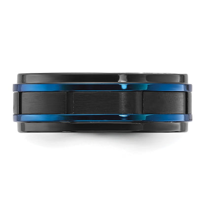 Chisel Stainless Steel Polished with Brushed Center Black and Blue IP-plated 8mm Band
