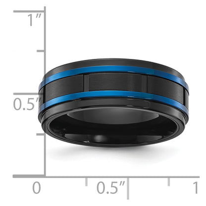 Chisel Stainless Steel Polished with Brushed Center Black and Blue IP-plated 8mm Band