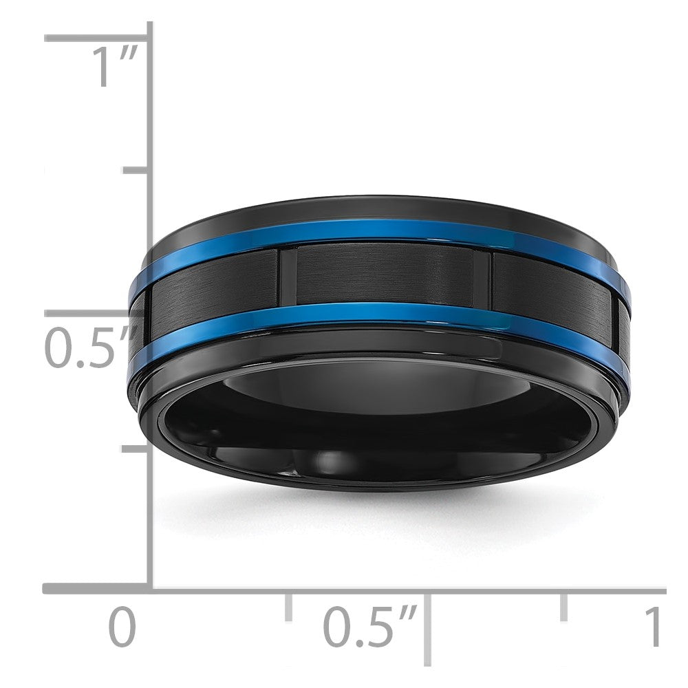 Chisel Stainless Steel Polished with Brushed Center Black and Blue IP-plated 8mm Band