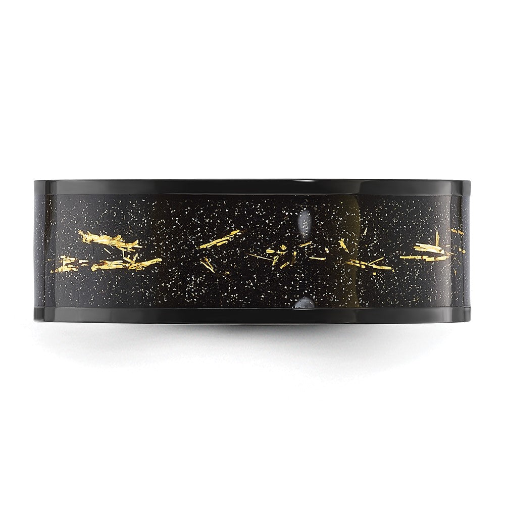 Chisel Stainless Steel Polished Black IP-plated Black and Gold Foil Inlay 8mm Band