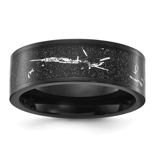 Chisel Stainless Steel Polished Black IP-plated Black and Silver Foil Inlay 8mm Band