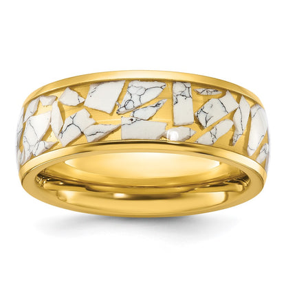 Chisel Stainless Steel Polished Yellow IP-plated with Ceramic Fragments Inlay 8mm Band