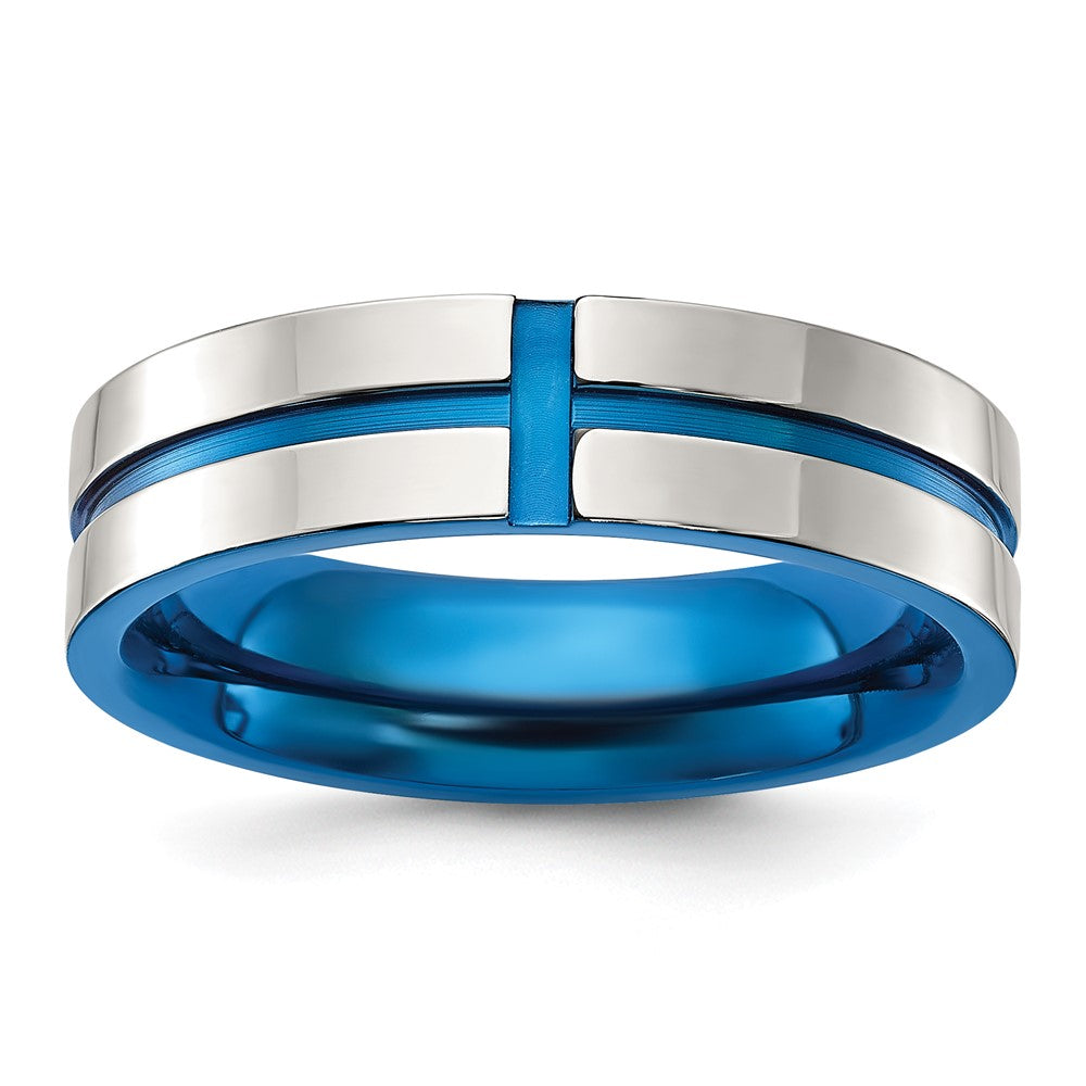 Chisel Stainless Steel Polished Blue IP-plated Grooved 6mm Band