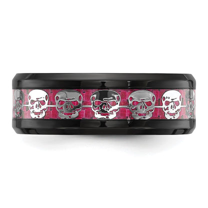 Chisel Stainless Steel Polished Black IP-plated Skulls with Pink Carbon Fiber Inlay 8mm Band