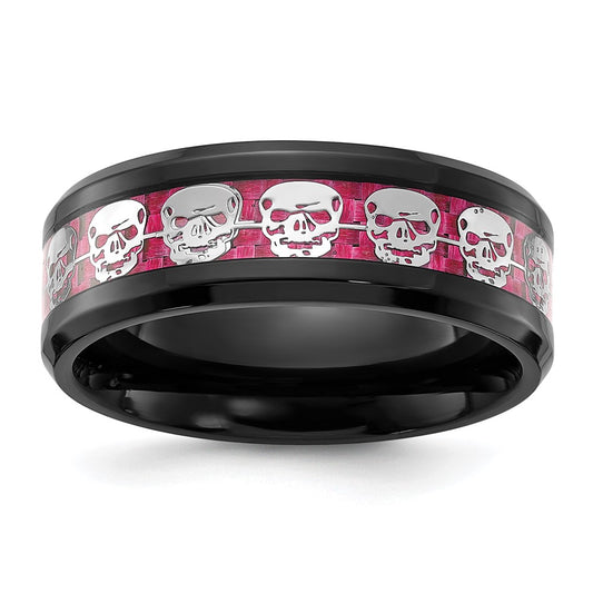 Chisel Stainless Steel Polished Black IP-plated Skulls with Pink Carbon Fiber Inlay 8mm Band