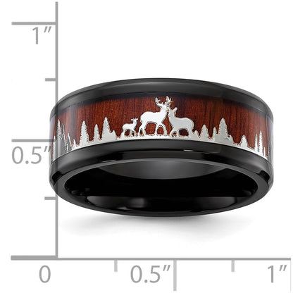 Chisel Stainless Steel Polished Black IP-plated with Wood Inlay Deer in Forest Design 9mm Band