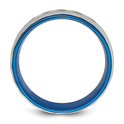 Chisel Stainless Steel Polished and Sand-blasted Faceted Blue IP-plated 8mm Band