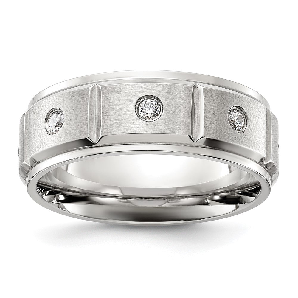 Chisel Stainless Steel Brushed and Polished Grooved with CZ 8mm Band